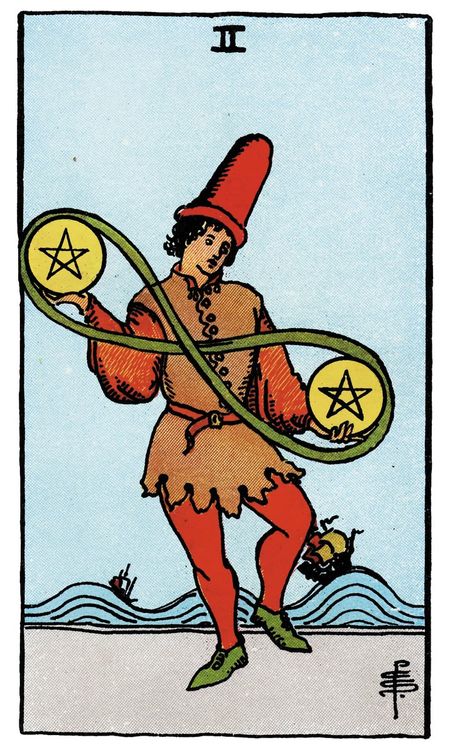 ไพ่ Two of Pentacles (สอง (2)แห่งเหรียญ)