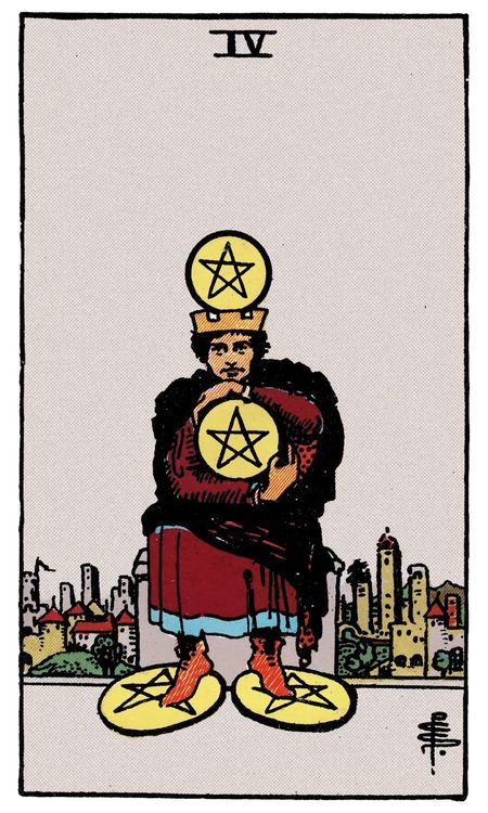 ไพ่ Four of Pentacles (สี่ (4)แห่งเหรียญ)