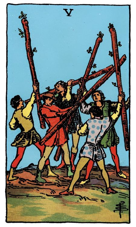 ไพ่ Five of Wands (ห้า (5)แห่งไม้เท้า)
